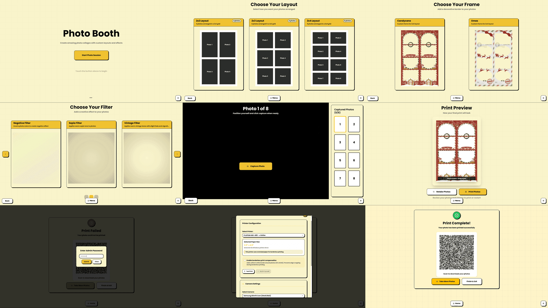 Kiosk interface showing photo booth workflow: welcome screen, layout selection, frame selection, filter selection, photo capture, preview, QR download, settings, and completion